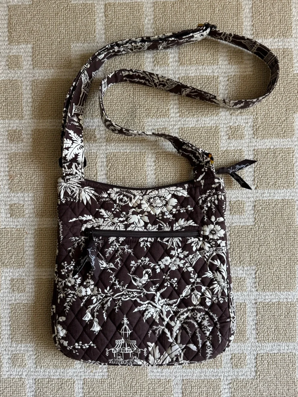 Vera Bradley Quilted Crossbody Bag Adjustable Shoulder Purse Brown Floral Print